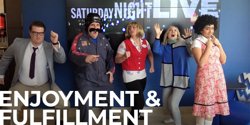 group of DFCU employees dressed up for Halloween, with the text overlay: Enjoyment & Fulfillment