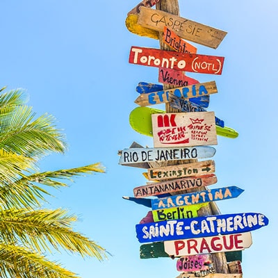 hand-painted direction signs with variety of countries