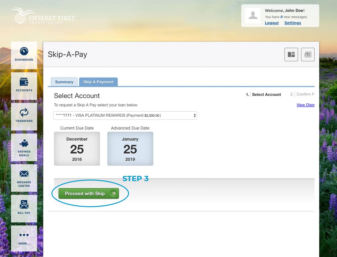 Screenshot of online banking with a circle around the 'proceed with skip' button in Skip-A-Pay