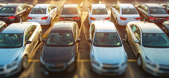 rows of cars lined up at a dealership lot
