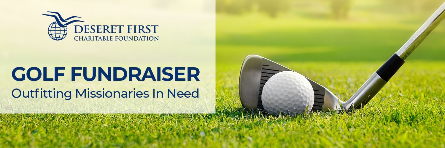 Golf club hitting a golf ball with the text: Golf Fundraiser Outfitting Missionaries in Need