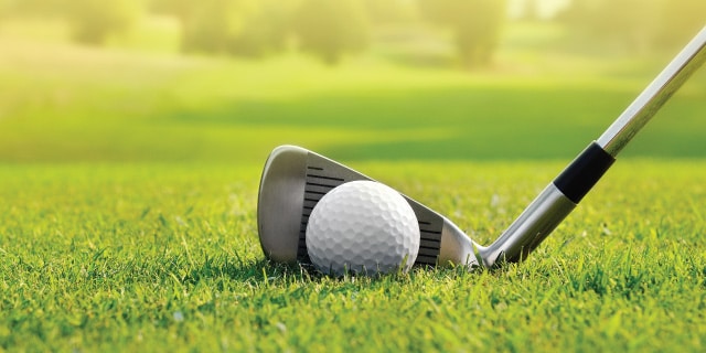 Golf Club and golf ball on the putting green