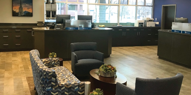 The lobby, including couches and teller stations at the Murray Branch