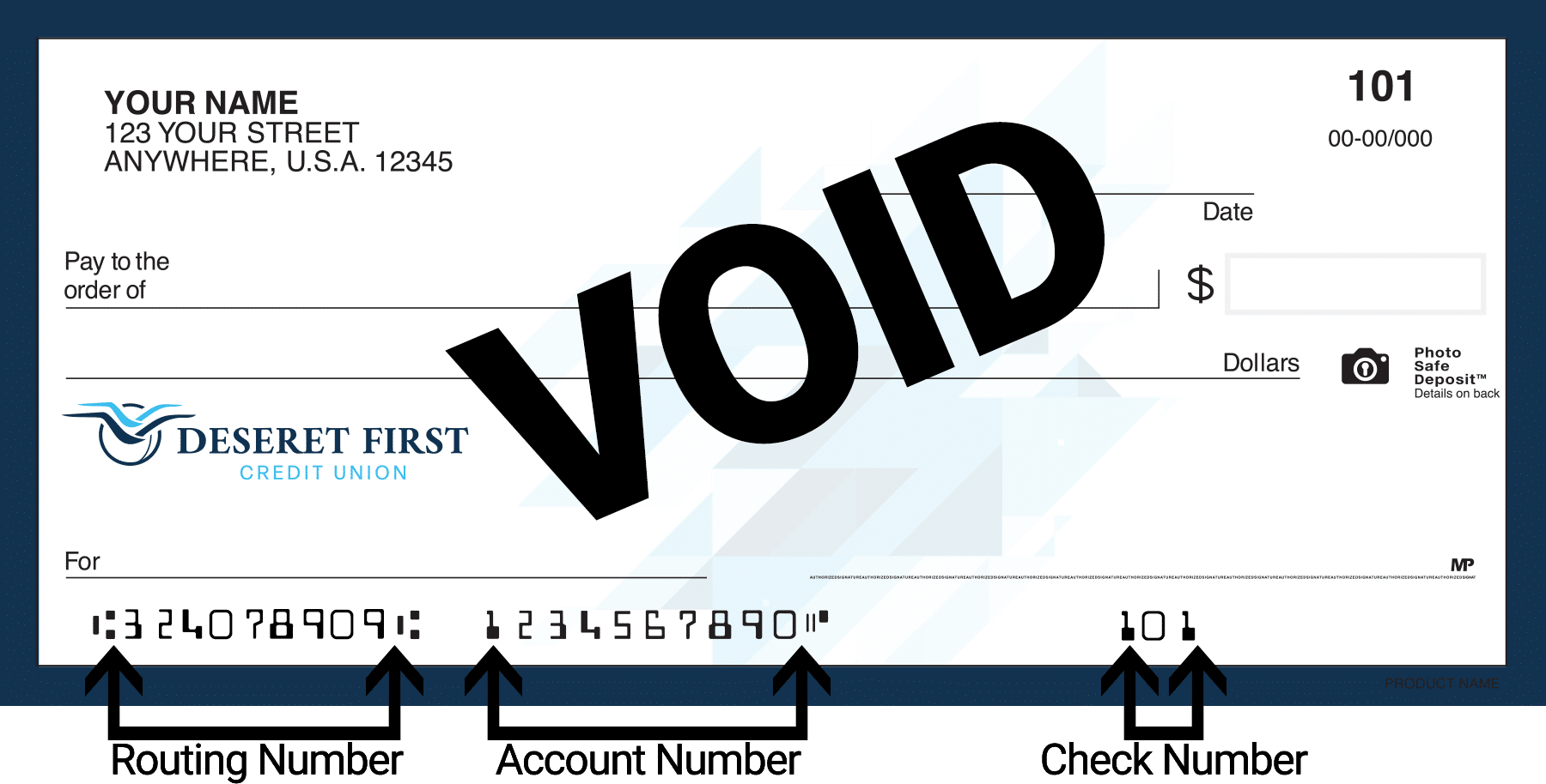 sample of a check with arrows pointing to the routing number, account number, and check number