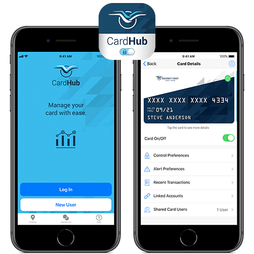 CardHub app icon shown with 2 iPhone mockups of CardHub screenshots; one screen shows the CardHub login, the other previews a card's details