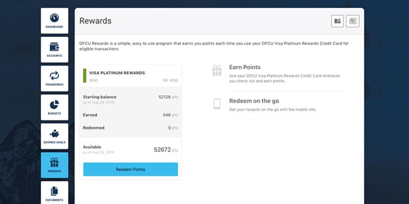 screenshot of online banking rewards page