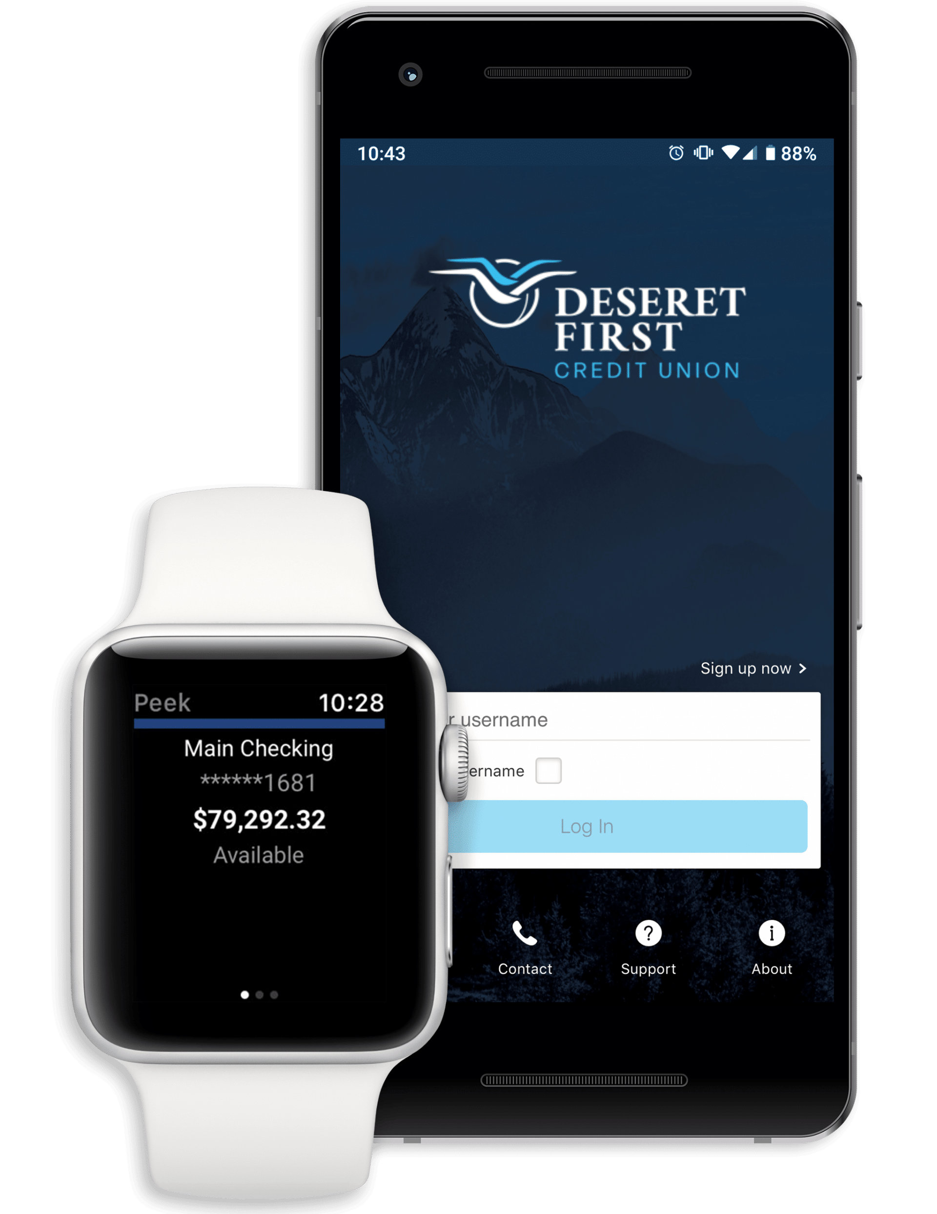screenshots of DFCU app shown on an Apple Watch and Pixel phone