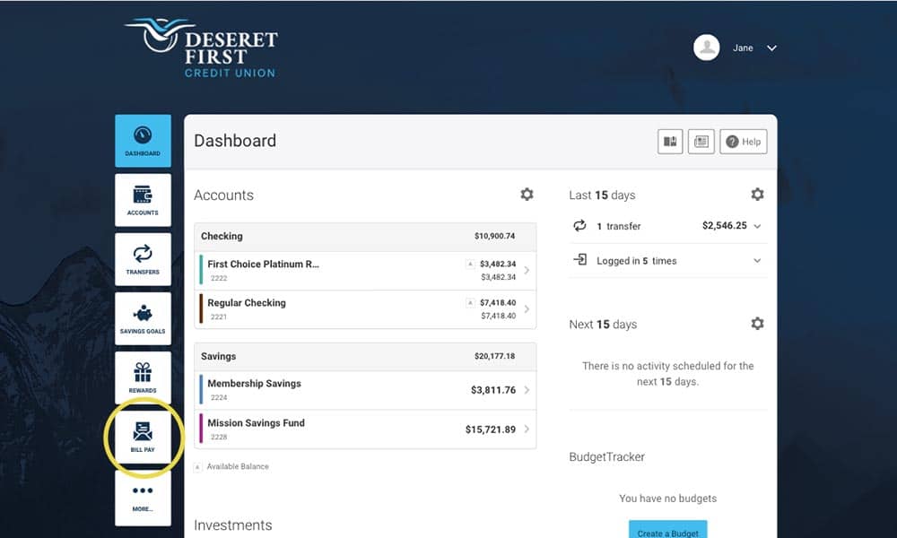 Screenshot of the dashboard screen with the bill pay widgit highlighted in Online banking