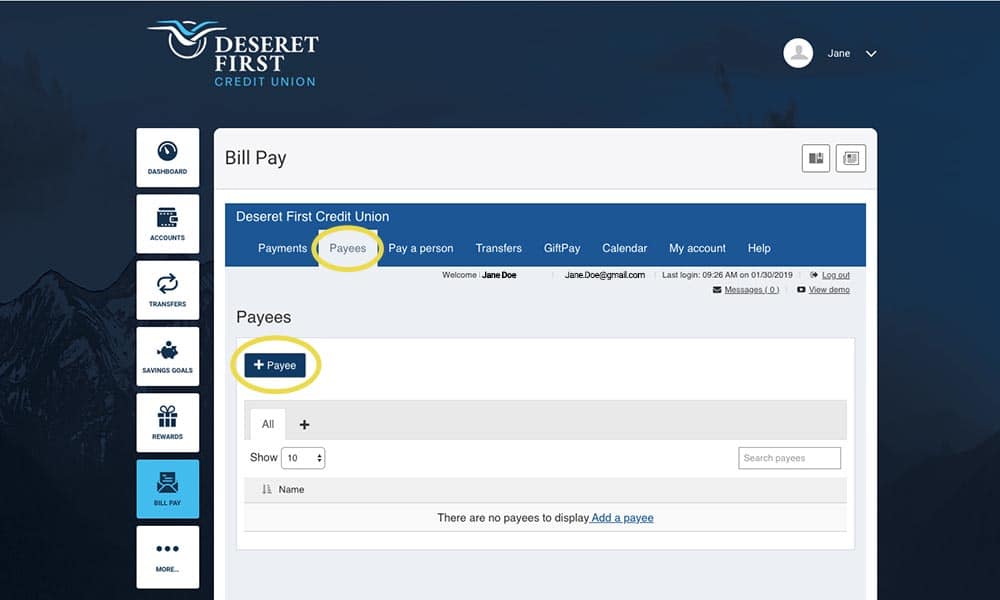 Screenshot of the Bill Pay Add Payee Screen in Online banking