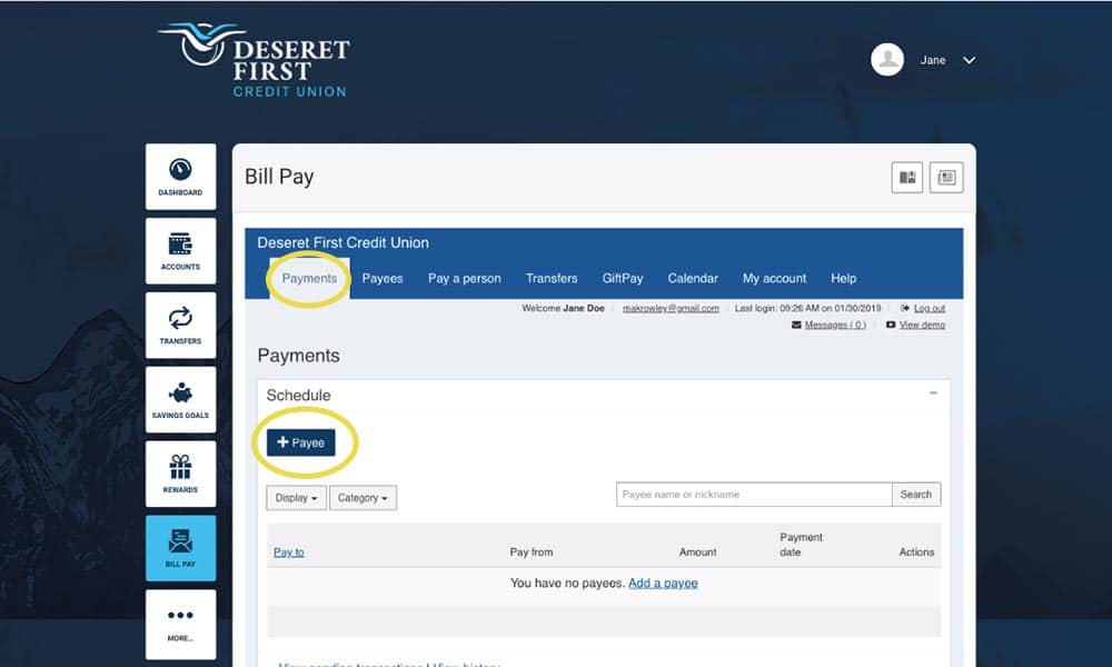 Screenshot of the Bill Pay Payment screen in Online banking