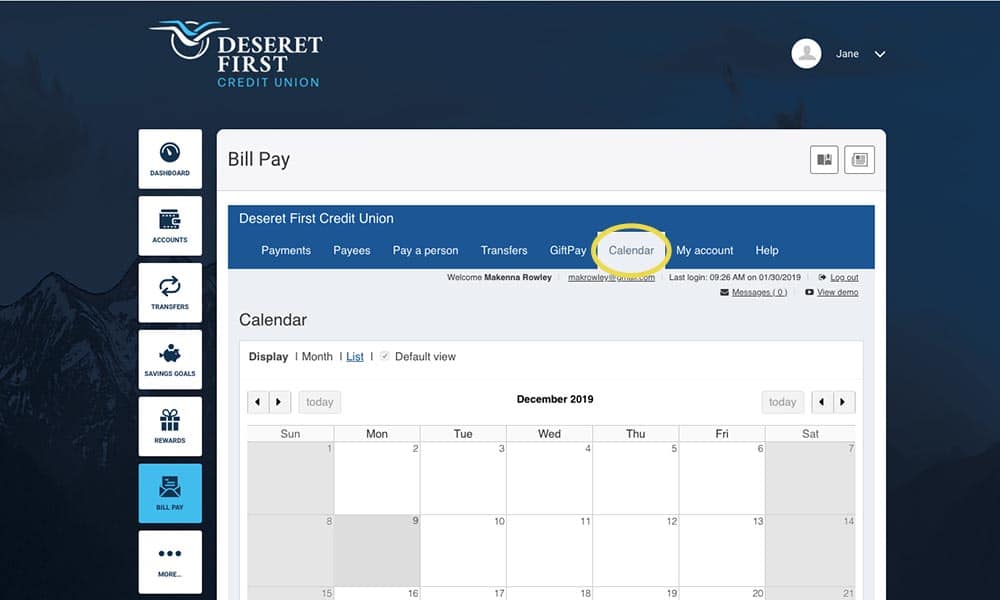 Screenshot of the Bill Pay calendar in Online banking