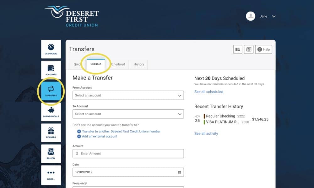Screenshot of the Transfer widget with the Classic tab selected in online banking