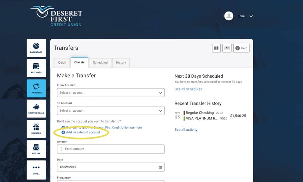 Screenshot of the Add an external account button highlighted within the Transfers widget in online banking