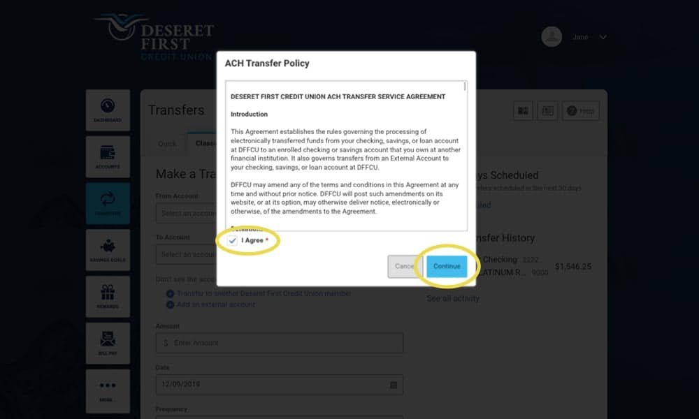 Screenshot of online banking with a popup modal showing the transfer policy, circles around the I Agree checkbox and Continue button