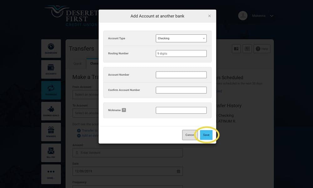 screenshot of online banking with the Add Account popup modal, circle around the Save button