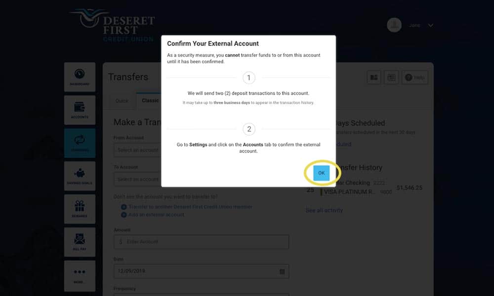 screenshot of external account confirmation steps one and two