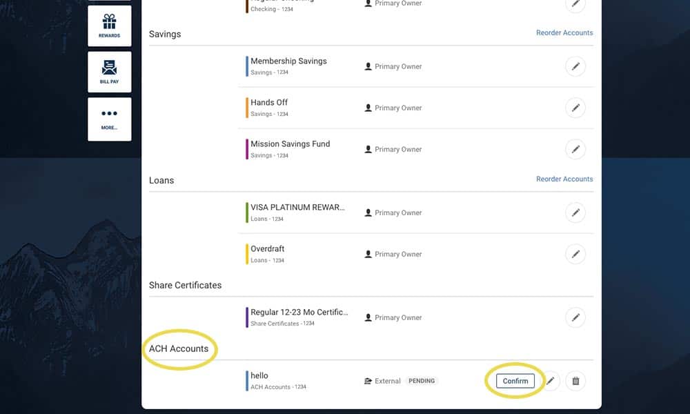 screenshot of online banking Accounts tab, ACH Accounts and Confirm buttons are circled