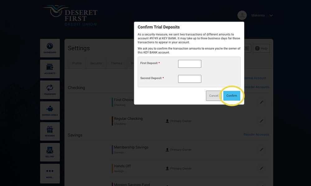 screenshot of online banking, Confirm Trial Deposits modal popup is visible with the Confirm button circled