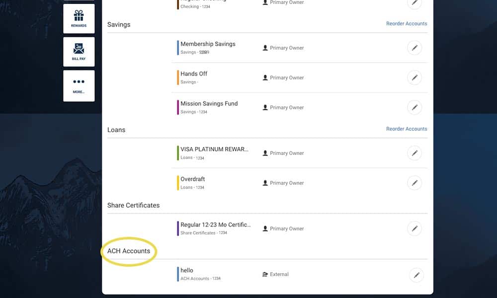 screenshot of online banking Accounts tab with the ACH Accounts heading circled