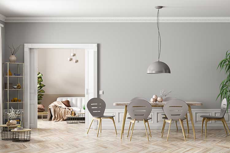 Image of a dining room and bedroom of a house.