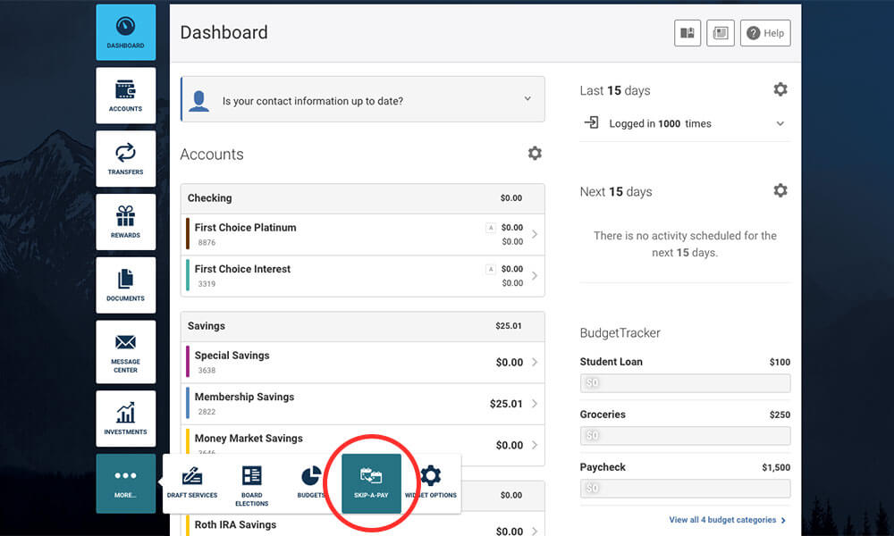 Screenshot of online banking with a circle highlighting the the Skip-A-Pay button in the More menu