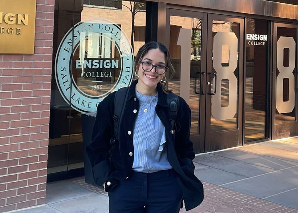 A returned sister missionary attending Ensign College