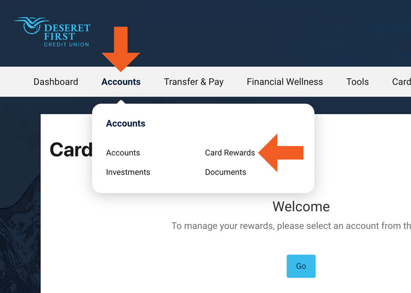 screenshot of online banking with arrows pointing where to go to view the card rewards area