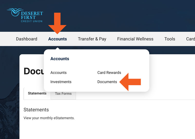 screenshot of online banking with arrows showing where to view the documents and statements tab