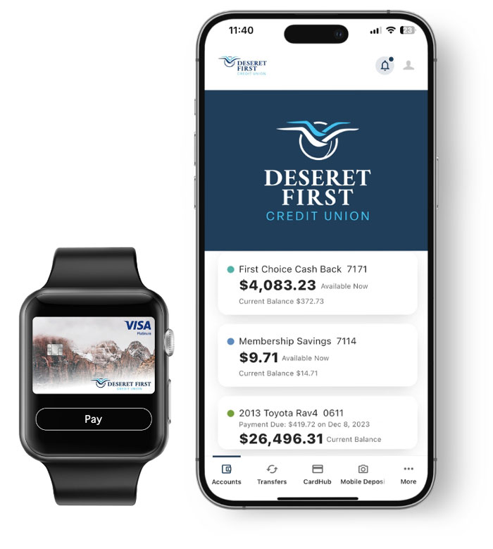 An Apple Watch and Apple iPhone both displaying the DFCU Mobile App screens and features