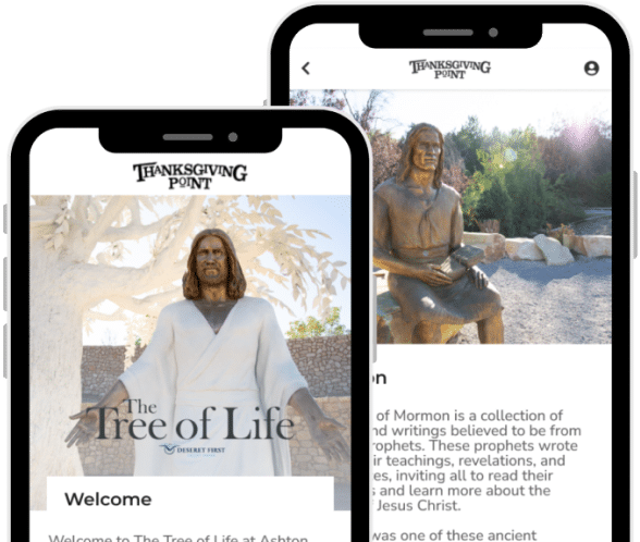 Two phone screens showing previews of the mobile app.